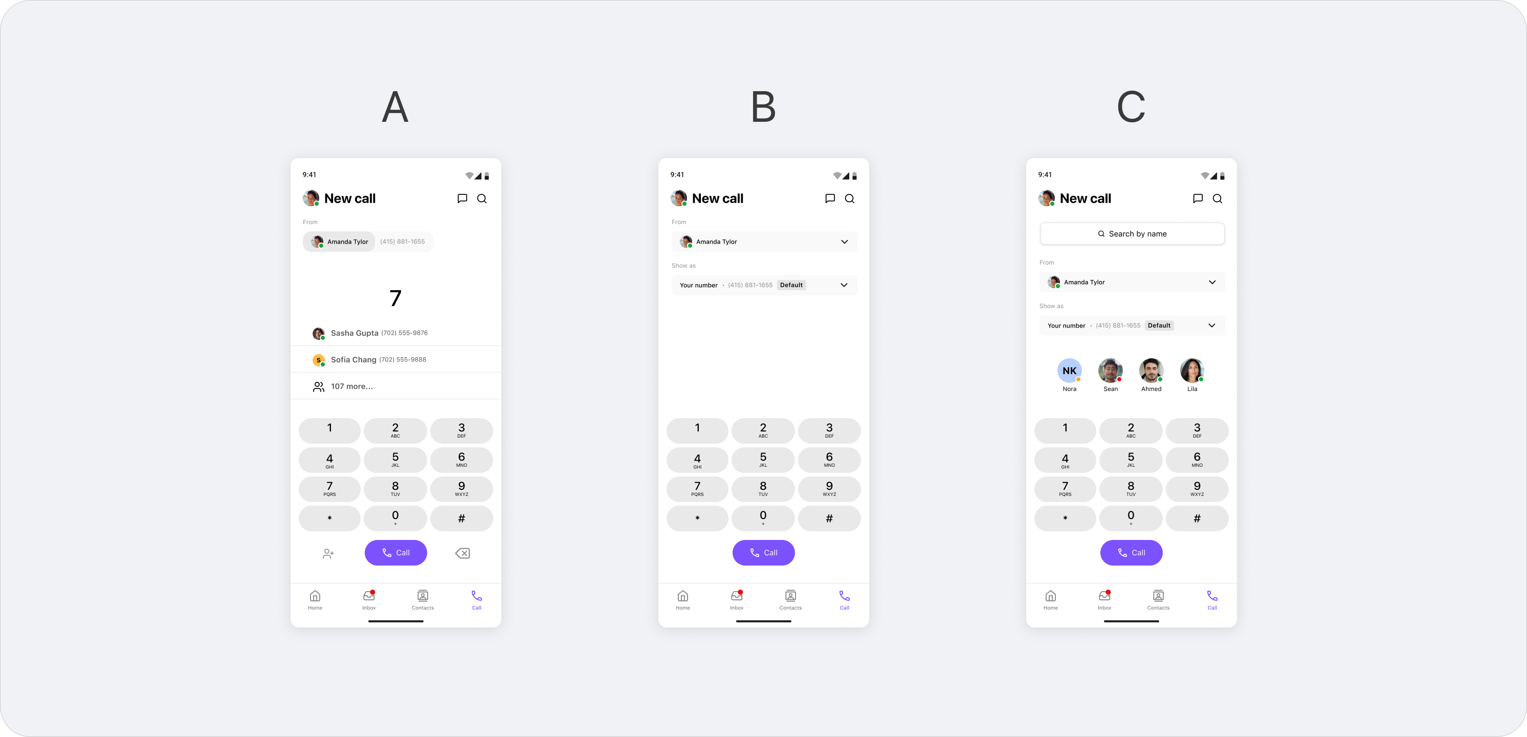 Three keypad layout explorations — A, B, C